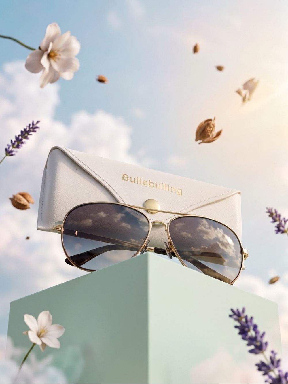 bullabulling Women's White Sunglasses Case with Gold-Accented Aviator Sunglasses